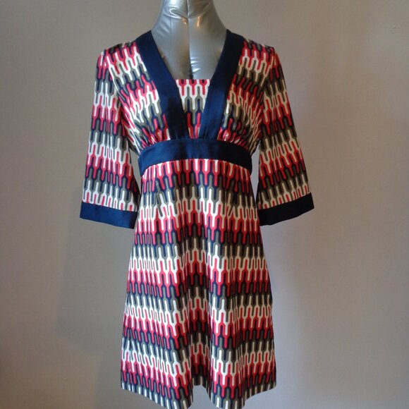 Banana Republic Womens Dress Geometric Print Side Zip‎ Red Blue White Lined Sz 4 - Picture 1 of 9